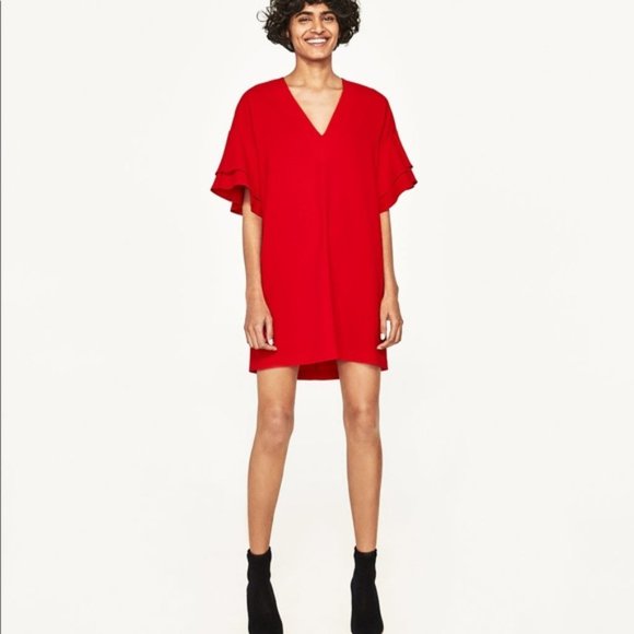 zara red ruffle dress